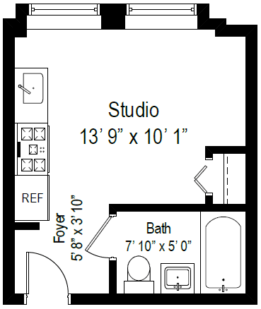Floor plan for studio, 1 bath, 204 sqft